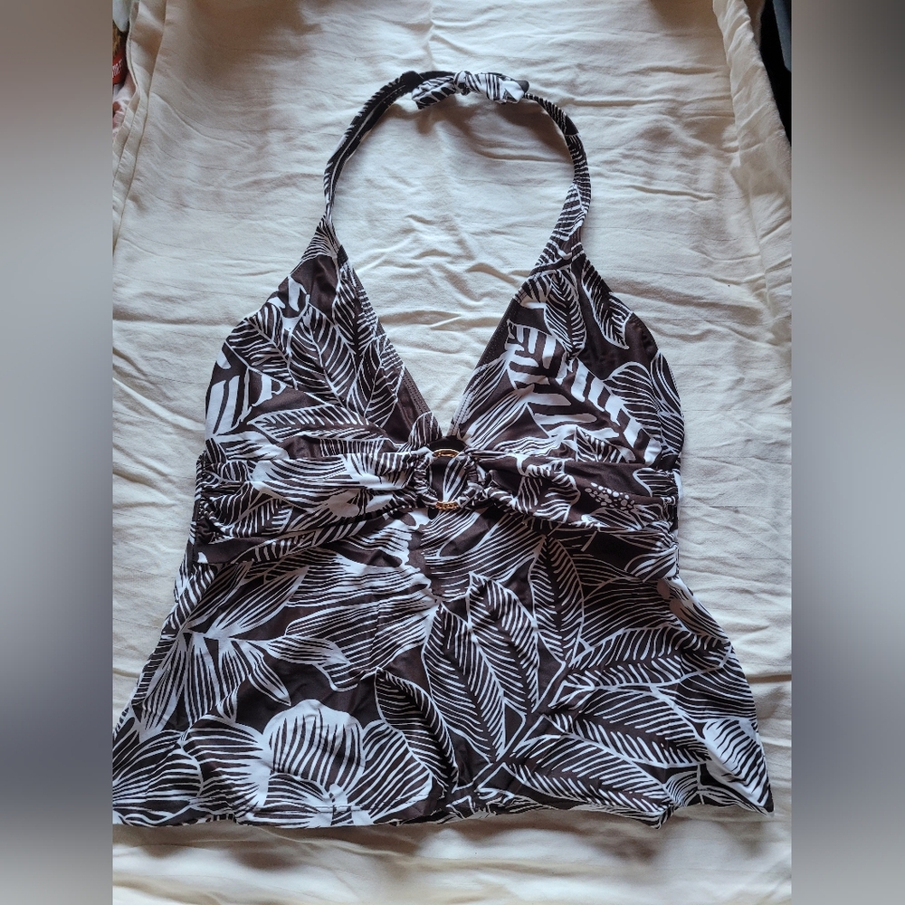 Brown and White Flower Print Halter Swim Top